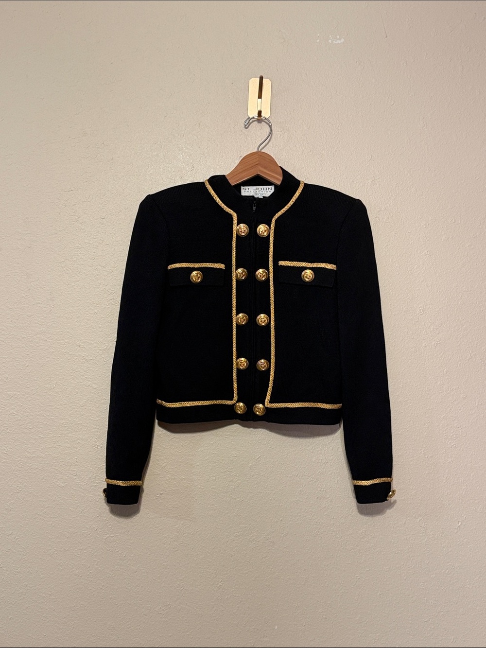 Vintage St John Black Short Blazer Gold Rope and Gold Buttons Size Small